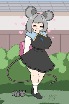 1girl :3 =_= absurdly_long_tail animal_ear_fluff animal_ears arms_behind_back black_ribbon blue_capelet blue_sky blunt_bangs blush box breasts building bush capelet closed_eyes commentary crystal_necklace english_commentary fence gift gift_box grass grey_hair grey_shoes grey_skirt grey_vest heart heart-shaped_box highres holding holding_gift large_breasts long_sleeves looking_up mouse_(animal) mouse_ears mouse_girl mouse_tail nazrin ribbon ribbon-trimmed_skirt ribbon_trim shirt shoes short_hair skirt sky smile socks tail thick_thighs thighs touhou valentine vest walking white_shirt white_socks yellow_trim zedrin