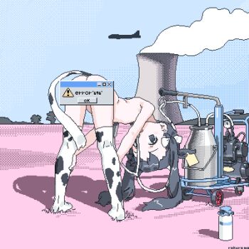 1girl aircraft airplane alternate_colored_grass animal_print artist_name ass bent_over black_eyes black_hair blue_sky bottle bow breast_pump censored commentary_request cooling_tower cow_print cow_print_thighhighs cow_tail dithering error_message field flat_chest from_behind full_body grass hair_bow horizon kneepits light_blush lokulo_no_mawashimono loli looking_at_viewer lowres machine milk_bottle milk_churn milking_machine novelty_censor nuclear_powerplant nude open_mouth original outdoors print_thighhighs shadow sky smokestack solo steam surreal tail thighhighs tube twintails white_bow white_thighhighs window_(computing)