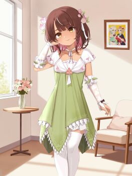 1girl 3girls bare_shoulders black_bow blonde_hair blush bow breasts brown_eyes brown_hair chair choker closed_mouth collarbone colored_inner_hair commentary condom densetsu.exe detached_sleeves dress drill_hair dzulfiqar023 english_commentary flower frills hair_bow hair_flower hair_ornament hand_in_own_hair head_tilt highres indoors jewelry lace-trimmed_sleeves lace_trim large_breasts long_hair looking_at_another looking_at_viewer medium_breasts mint_fantome multicolored_hair multiple_condoms multiple_girls phoebe_(vtuber) photo_(object) picture_frame pink_hair ribbon ribbon_choker short_hair sidelocks skirt smile solo standing thighhighs victoria_roman virtual_youtuber white_dress white_flower white_hair white_thighhighs wide_sleeves window yellow_background