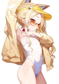 1girl absurdres animal_ears arm_behind_head arm_up armpits blonde_hair blue_archive covered_navel cowboy_shot cross_halo darkswan flat_chest fox_ears fox_girl from_side halo highleg highleg_one-piece_swimsuit highres jacket loli long_hair looking_at_viewer looking_to_the_side missing_tail no_animal_ears official_alternate_costume one-piece_swimsuit open_clothes open_jacket pink_eyes presenting_armpit seia_(blue_archive) seia_(swimsuit)_(blue_archive) sidelocks simple_background solo spread_armpit standing sunglasses swimsuit tinted_eyewear v wet white_background white_one-piece_swimsuit yellow_halo yellow_jacket yellow_visor