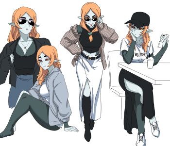 Rule 34 | 1girl, adjusting eyewear, alternate costume, alternate hairstyle, black boots, black shirt, black skirt, boots, cellphone, collarbone, colored skin, contemporary, front ponytail, grey skin, grey sweater, head rest, highres, holding, holding phone, jelmul, jewelry, long skirt, midna, midna (true), midriff, nasu (ilo a5), navel, necklace, nintendo, orange hair, phone, pointy ears, red eyes, ribbed sweater, shirt, shoes, side slit, simple background, sitting, skirt, smartphone, smile, standing, sunglasses, sweater, t-shirt, the legend of zelda, the legend of zelda: twilight princess, tongue, tongue out, white background, white shirt, white shoes, white skirt