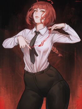 1girl absurdres black_necktie black_pants blood blood_halo braid braided_ponytail chainsaw_man collared_shirt halo highres liquid_halo long_hair long_sleeves looking_at_viewer makima_(chainsaw_man) necktie nivactrov1 pants red_hair ringed_eyes shirt shirt_tucked_in solo white_shirt yellow_eyes