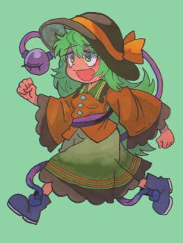 1girl :d absurdres black_hat bow buttons collared_shirt commentary_request diamond_button frilled_shirt_collar frilled_skirt frilled_sleeves frills green_background green_eyes green_hair green_skirt hat hat_bow highres inuyama_konan komeiji_koishi long_hair messy_hair open_mouth purple_shoes shirt shoes simple_background skirt smile solo third_eye touhou very_long_hair walking wide_sleeves yellow_bow yellow_shirt