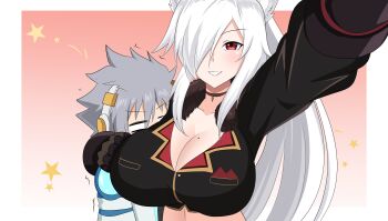 1boy 1girl absurdres animal_ears black_jacket blank_eyes breasts cleavage collarbone commentary cropped_jacket discordia_(vtuber) english_commentary fox_ears fox_girl grey_hair hair_over_one_eye highres indie_virtual_youtuber jacket kazootoku long_hair mole mole_on_breast red_eyes smile star_(symbol) upper_body virtual_youtuber white_hair