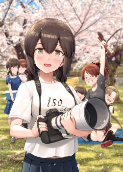 6+girls alternate_costume ayanami_(kancolle) ayanami_kai_ni_(kancolle) black_eyes black_hair blue_dress bottle brown_hair camera cherry_blossoms clothes_writing dress drunk fubuki_(kancolle) fubuki_(spring)_(kancolle) grey_skirt hair_between_eyes highres hug ichikawa_feesu isonami_(kancolle) isonami_(photographer)_(kancolle) kantai_collection long_hair low_ponytail low_twintails multiple_girls official_alternate_costume outdoors pleated_skirt polka_dot polka_dot_dress ponytail school_uniform serafuku shikinami_(kancolle) shirayuki_(kancolle) shirt sidelocks skirt solo_focus t-shirt tree twintails uranami_(kancolle)