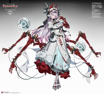 1girl absurdres black_eyes boots breasts clothing_cutout commentary_request dress full_body gradient_background gradient_hair hachisan hair_between_eyes hair_intakes highres long_hair mechanical_arms multicolored_hair navel nun_headdress original purple_hair red_eyes solo translation_request underboob underboob_cutout white_boots white_dress