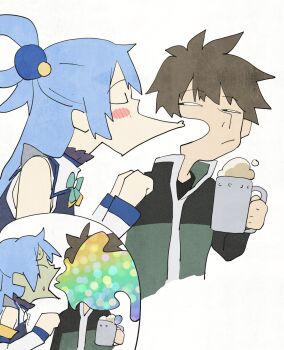 1boy 1girl :/ alcohol aqua_(konosuba) beer beer_mug blue_hair blush_stickers bow bowtie brown_hair commentary_request cup detached_sleeves drunk from_side green_bow green_bowtie green_track_suit hair_ornament hair_rings highres holding holding_cup izawa_(bhive003) kono_subarashii_sekai_ni_shukufuku_wo! long_hair long_sleeves looking_at_another maomao_evading_jinshi&#039;s_kiss_(meme) meme mug profile puckered_lips satou_kazuma simple_background single_hair_ring sphere_hair_ornament track_suit upper_body vomiting_rainbows white_background white_sleeves