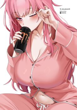 1girl breasts can cleavage commentary drinking english_commentary highres holding holding_can hololive hololive_english large_breasts long_hair looking_at_viewer monster_energy mori_calliope nail_polish navel oioi_ainomo one_eye_closed pajamas patreon_username pink_eyes pink_hair pink_nails pink_pajamas simple_background solo twitter_username virtual_youtuber white_background