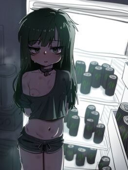 1girl absurdres ahoge arms_behind_back asymmetrical_bangs asymmetrical_hair bags_under_eyes bandaid bandaid_on_leg bandaid_on_neck bite_mark bite_mark_on_breast bite_mark_on_shoulder blush bruise choker collarbone covered_erect_nipples cowboy_shot crop_top fang flat_chest ggokoo green_eyes green_hair groin highres injury lock loli long_hair looking_at_viewer messy_hair midriff monster_energy navel nipple_slip nipples open_mouth original padlock padlocked_collar refrigerator shirt short_shorts shorts single_bare_shoulder solo standing stomach sweat sweatdrop teeth thighs