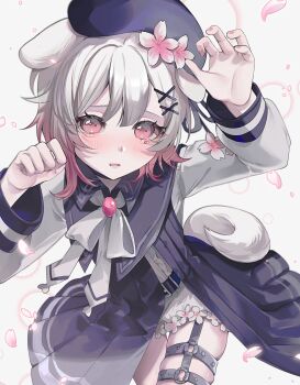 1girl animal_ears belt beret black_belt black_dress black_hat cherry_blossoms commentary_request cowboy_shot dog_ears dog_girl dog_tail dress flower gradient_hair hair_flower hair_ornament hands_up hat highres kemonomimi_mode long_sleeves looking_at_viewer mahou_shoujo_no_majo_saiban multicolored_hair neck_ribbon o-ring o-ring_thigh_strap open_mouth petals pink_eyes pink_hair ribbon sakuraba_ema short_hair shorts solo standing tachibana_fumino tail tearing_up thigh_strap white_flower white_hair white_ribbon white_shorts x_hair_ornament