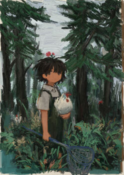 1girl absurdres animal bird black_eyes black_hair chicken ciel_(paradis47) closed_mouth day expressionless forest grass hair_ornament highres holding holding_animal looking_at_viewer nature on_grass original outdoors plant scenery shirt short_hair short_sleeves sky solo standing sunlight swept_bangs tree white_shirt