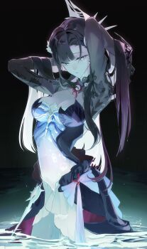 1girl absurdres arms_up black_background black_hair blue_eyes breasts bubble cleavage colored_inner_hair commentary coral cowboy_shot dress english_commentary hair_ornament highres honkai:_star_rail honkai_(series) hysilens_(honkai:_star_rail) jewelry long_hair medium_breasts multicolored_hair ribs shrug_(clothing) solo spraychoco_(aeeei48) two-tone_dress very_long_hair water