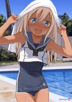 1girl :d black_neckerchief blonde_hair blue_eyes blue_one-piece_swimsuit blue_sailor_collar blue_sky breasts collarbone commentary_request cowboy_shot cropped_shirt day hands_up highres kantai_collection long_hair looking_at_viewer mu-pyon neckerchief one-piece_swimsuit open_mouth outdoors paid_reward_available photo_background pool poolside ro-500_(kancolle) sailor_collar sailor_shirt school_swimsuit serasuku shirt sky sleeveless sleeveless_shirt small_breasts smile solo swimsuit swimsuit_under_clothes tan towel towel_on_head white_shirt