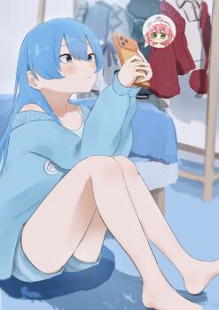 1girl absurdres barefoot bed blue_hair blush cellphone character_print closed_mouth commentary_request from_side full_body highres holding holding_phone hololive hoshimachi_suisei indoors light_smile long_hair looking_at_phone on_floor phone sae_tail sakura_miko shorts sitting smartphone speech_bubble sweater takoyaki_(hoshimachi_suisei) text_messaging virtual_youtuber