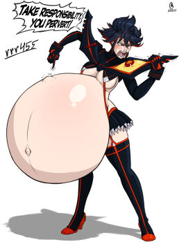1girl a0iisa angry big_belly black_hair black_skirt blue_eyes blush boots commission commissioner_upload couple gloves hyper_pregnancy kill_la_kill matoi_ryuuko miniskirt multicolored_hair pregnant revealing_clothes senketsu short_hair skirt solo streaked_hair suspenders thigh_boots tomboy trigger_(company) wavy_hair