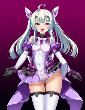 1girl absurdres ahoge alternate_eye_color amakubo_yuri aqua_hair bare_shoulders black_gloves blush breasts brooch cameltoe chest_jewel commission corruption covered_erect_nipples covered_navel cowboy_shot detached_sleeves elbow_gloves exs-tia_flora gloves gluteal_fold gradient_background hair_ornament harold_japan headgear highres jewelry kouyoku_senki_exs-tia large_variant_set leotard long_hair looking_at_viewer magical_girl miniskirt open_mouth panties pantyshot pink_eyes pleated_skirt purple_background purple_eyes purple_skirt red_eyes skeb_commission skin_tight skirt small_breasts smile solo standing thighhighs thighs tongue tongue_out twintails underwear variant_set white_panties white_thighhighs
