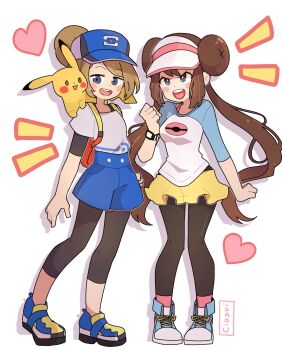 2girls :3 artist_name backpack bag baseball_cap bettie_(pokemon) black_leggings black_pantyhose blue_eyes blue_hat blue_shoes blue_shorts blush blush_stickers brown_hair cio_(ciosui) clenched_hands commentary double_bun drop_shadow english_commentary full_body gen_1_pokemon hair_bun hat heart highres leggings long_hair long_sleeves multiple_girls nintendo notice_lines on_shoulder open_mouth pantyhose pikachu pokemon pokemon_(creature) pokemon_black_2_and_white_2 pokemon_masters_ex pokemon_on_shoulder ponytail rosa_(pokemon) shirt shoelaces shoes shorts skirt smile standing teeth twintails upper_teeth_only very_long_hair visor_cap white_background white_hat white_shirt xtransceiver yellow_skirt