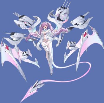 1girl absurdres azur_lane blue_ribbon breasts center_opening cleavage cleavage_cutout clothing_cutout covered_navel cross full_body hair_ornament highleg highleg_leotard highres holding holding_ribbon holding_whip large_breasts leotard long_hair looking_at_viewer non-web_source official_art open_mouth pasadena_(azur_lane) purple_hair red_eyes revealing_clothes ribbon rigging ship_turret skindentation smile solo thighhighs thighs twintails zoom_layer