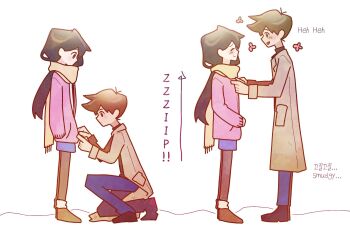 1boy 1girl alternate_eye_color antenna_hair bilingual_text black_eyes black_hair black_pantyhose black_shoes blue_pants blush boots brown_boots brown_coat brown_eyes brown_hair brown_scarf closed_eyes closed_mouth coat dark-skinned_male dark_skin denim english_text hero_(faraway)_(omori) hero_(omori) highres jeans korean_text looking_at_another mari_(faraway)_(omori) mari_(omori) mixed-language_text omori on_one_knee open_mouth pants pantyhose pink_coat pyoppyop_omori scarf shoes short_hair smile white_background zipping