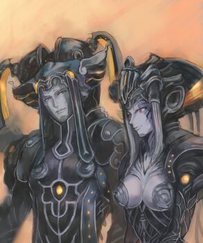 1boy 1girl android breasts brother_and_sister colored_skin egil_(xenoblade) grey_skin headdress highres lobsterbaby99 medium_breasts nintendo red_eyes siblings smile vanea_(xenoblade) xenoblade_chronicles_(series) xenoblade_chronicles_1 xenoblade_chronicles_(series)