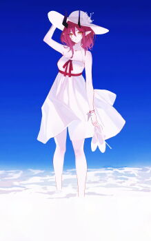 1girl absurdres alternate_costume arknights arm_at_side arm_up ascalon_(arknights) blue_background bow breasts cenm0 chinese_commentary cleavage collarbone commentary_request dress floating_clothes hair_between_eyes hand_on_headwear hat highres holding holding_shoes holding_unworn_clothes horns incredibly_absurdres looking_at_viewer medium_hair mole mole_under_eye official_artist_extra parted_lips pointy_ears purple_bow purple_hair purple_horns shoes simple_background solo sun_hat underbust unworn_shoes wading white_dress white_shoes yellow_eyes