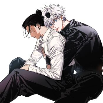 Rule 34 | 2boys, arm on thigh, black hair, black jacket, black pants, blue eyes, closed mouth, colored eyelashes, couple, dress shirt, earrings, elbow on thigh, formal clothes, from side, gakuran, getou suguru, gojou satoru, hair bun, head on another's back, highres, hug, hug from behind, jacket, jewelry, jujutsu kaisen, looking down, looking to the side, loose hair strand, male focus, messy hair, multiple boys, my onenon1y, pant suit, pants, parted lips, school uniform, shirt, short hair, simple background, sitting, stud earrings, suit, white background, white eyelashes, white hair, white shirt, yaoi