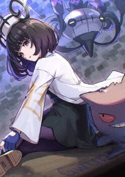 1girl black_dress black_hair bob_cut chandelure character_name coat commentary dress english_commentary eyelashes gen_1_pokemon gen_5_pokemon gengar gloves gradient_hair gwynn_(pokemon) hat highres long_sleeves looking_at_viewer looking_back mixed-language_commentary multicolored_hair nintendo open_clothes open_coat open_mouth pantyhose partially_fingerless_gloves pokemon pokemon_(creature) pokemon_legends:_z-a purple_eyes purple_gloves purple_hair purple_pantyhose short_hair sitting suino_hiharu white_coat