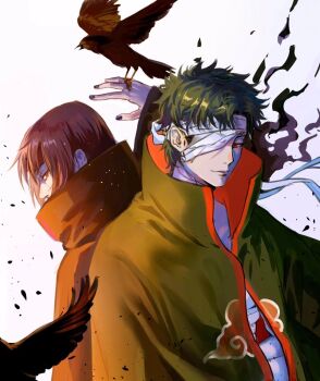 2boys akatsuki_uniform back-to-back bandage_over_one_eye bird bird_on_hand black_bird black_hair closed_mouth commentary crow floating_bandage highres long_hair looking_at_viewer male_focus momoyoru1 multiple_boys naruto_(series) naruto_shippuuden red_eyes short_hair simple_background uchiha_itachi uchiha_shisui upper_body white_background