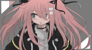 1girl absurdres black_choker black_jacket black_ribbon candy choker cigarette commentary_request food grey_background grey_eyes grey_shirt hair_between_eyes hair_ornament hair_over_one_eye hair_ribbon hairclip highres jacket long_hair looking_to_the_side mouth_hold nukunuku_nigirimeshi open_clothes open_jacket original pink_hair ribbon shirt simple_background solo triangle two_side_up upper_body white_shirt