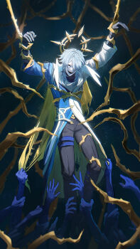 Rule 34 | 1boy, :d, absurdres, artist name, black pants, blue hair, blue hands, bound, bound wrists, cloak, commentary, disembodied hand, english commentary, grey shirt, halo, halo behind head, head wings, highres, honkai: star rail, honkai (series), hood, long sleeves, male focus, mask, medium hair, moonya, open mouth, pants, shirt, smile, solo focus, sunday (honkai: star rail), thigh strap, white cloak, white wings, wings, yellow halo