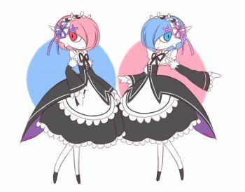 Rule 34 | 2girls, alternate hair color, apron, blue eyes, blue hair, colored skin, cosplay, detached sleeves, gardevoir, gen 3 pokemon, hair over one eye, maid, mega gardevoir, mega pokemon, multiple girls, nintendo, pink eyes, pink hair, pokemon, pokemon (creature), ram (re:zero), ram (re:zero) (cosplay), re:zero kara hajimeru isekai seikatsu, rem (re:zero), rem (re:zero) (cosplay), white apron, white background, white skin, yumyum