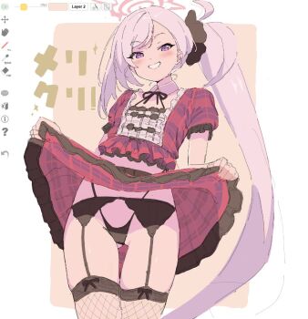 1girl ahoge art_program_in_frame black_panties black_thighhighs blue_archive clothes_lift cowboy_shot detached_collar fishnet_thighhighs fishnets frilled_skirt frills garter_belt gluteal_fold grin hair_ornament hair_scrunchie halo highleg highleg_panties huge_ahoge lifting_own_clothes lingerie loli long_hair looking_at_viewer midriff_peek mutsuki_(blue_archive) okimiyage_(oitekuze_kore) panties plaid_clothes plaid_skirt puffy_short_sleeves puffy_sleeves purple_eyes red_skirt scrunchie short_sleeves side_ponytail simple_background sketch skirt skirt_lift smile solo thighhighs thighs underwear white_background white_hair