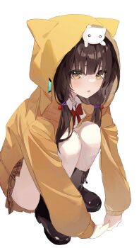 1girl absurdres animal animal_hood animal_on_head asakura_karen_(heaven_burns_red) blunt_bangs blush boots bow bowtie brown_boots brown_hair brown_skirt cat cat_on_head commentary_request eyes_visible_through_hair full_body heaven_burns_red highres hood hood_up hooded_jacket jacket long_hair long_sleeves looking_at_viewer low_twintails miniskirt nujii on_head open_mouth orange_jacket plaid_clothes plaid_skirt pleated_skirt red_bow red_bowtie school_uniform simple_background skirt solo squatting twintails v_arms white_background yellow_eyes
