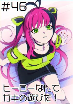 1girl antenna_hair black_choker black_hair black_skirt black_tank_top choker dress from_above green_dress green_eyes hair_ornament highres long_hair multicolored_hair nail_polish off-shoulder_shirt off_shoulder pink_hair red_nails shadowverse shadowverse_(animated_series) shadowverse_flame shirt sinclair_hina_(shadowverse_flame) sitting skirt snc_net18bk2 solo tank_top translation_request twintails white_mouth