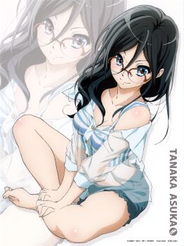 10s 1girl barefoot black_hair blue_eyes blush character_name feet female_focus glasses hands_on_feet hibike!_euphonium highres ikeda_shouko kyoto_animation long_hair official_art shorts shouko sitting solo tanaka_asuka