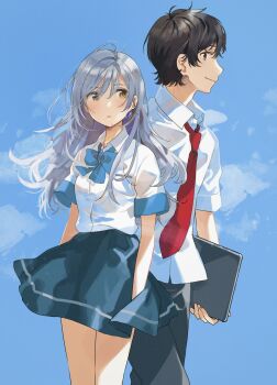 Rule 34 | 1boy, 1girl, aoi yui, black hair, blue background, blue bow, blue bowtie, blue skirt, bow, bowtie, collared shirt, commentary, earrings, fly (marguerite), grey hair, grey pants, highres, irozuku sekai no ashita kara, jewelry, long hair, necktie, pants, red necktie, school uniform, shirt, short hair, short sleeves, skirt, tsukishiro hitomi, white shirt, yellow eyes