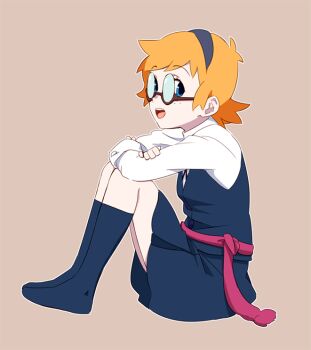 1girl blue_eyes blue_hairband blue_skirt blue_socks blue_vest brown_background commentary crossed_arms freckles from_side glasses hairband kneehighs little_witch_academia long_sleeves looking_at_viewer lotte_jansson no_shoes ojipon opaque_glasses open_mouth orange_hair shirt short_hair simple_background sitting skirt socks solo vest white_shirt