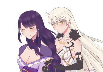 Rule 34 | 2girls, ahoge, artist name, asmoday (genshin impact), bare shoulders, black fur, blonde hair, blush, breasts, bridal gauntlets, celtic knot, cleavage, closed eyes, closed mouth, collarbone, colored skin, commentary, couple, english commentary, fur trim, genshin impact, happy, huge breasts, japanese clothes, jaycee kagami, kimono, large breasts, light smile, long hair, looking down, multicolored skin, multiple girls, neck ribbon, off shoulder, orange eyes, playing with another's hair, purple hair, purple kimono, raiden shogun, red ribbon, ribbon, sash, shade, simple background, twitter username, two-tone skin, upper body, wavy hair, white background, yuri