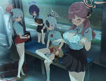 4girls aru_(blue_archive) ass bag black_hair black_skirt blue_archive breasts bus_stop clothes_lift flat_chest glasses halo haruka_(blue_archive) highres kayoko_(blue_archive) large_breasts multiple_girls mutsuki_(blue_archive) panties pink_hair pink_halo pink_panties problem_solver_68_(blue_archive) rain red_skirt school_bag school_uniform serafuku shirt side_ponytail skirt skirt_lift small_breasts underwear wet wet_clothes wet_shirt white_hair white_serafuku white_shirt xubai