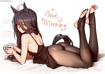 1girl absurdres ahoge animal_ears ass black_camisole black_hair black_pantyhose breasts camisole coffee_mug cup english_text full_body highres holding holding_cup horse_ears horse_girl horse_tail jewelry long_hair lying manhattan_cafe_(umamusume) mug multicolored_hair nail_polish no_shoes on_stomach pantyhose parted_lips shiwudesu small_breasts solo stirrup_legwear streaked_hair tail the_pose toe_ring toeless_legwear toenail_polish toenails umamusume yellow_eyes