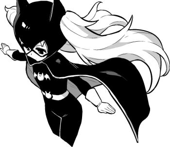 1girl animal_ears azur_lane azur_lane:_slow_ahead bat_ears batgirl batgirl_(cosplay) batman_(series) belt belt_buckle bodysuit breasts buckle cape cape_lift closed_mouth commentary_request cosplay dc_comics dot_mouth dot_nose floating_hair gloves greyscale halloween_costume hori_(hori_no_su) laffey_(azur_lane) long_hair mask monochrome official_art outstretched_arms rabbit simple_background simple_bat small_breasts solo spread_arms twintails very_long_hair white_background wind