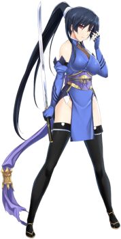 Rule 34 | 1girl, bare shoulders, black hair, black thighhighs, breasts, choukou (alicesoft), choukou sennin haruka, choukou taisen escalation heroines, elbow gloves, fingerless gloves, full body, gloves, high ponytail, holding, holding sword, holding weapon, japanese clothes, katana, large breasts, long hair, looking at viewer, magical girl, ninja, official art, onigirikun, pelvic curtain, ponytail, red eyes, sandals, second-party source, solo, subaru (choukou sennin haruka), sword, thighhighs, transparent background, very long hair, weapon