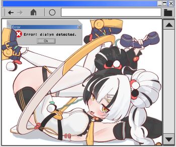 1girl arm_behind_head armpits black_hair braid braided_twintails chakram china_dress chinese_clothes commentary_request corded_phone cramped dialyn_(zenless_zone_zero) dress error_message hair_extensions hair_ornament hairclip highres holding holding_phone kesiutu long_hair looking_at_viewer lying multicolored_hair necktie on_back open_mouth panda_hair_ornament phone ring_hair_extensions solo split-color_hair weapon white_hair wire yellow_necktie zenless_zone_zero