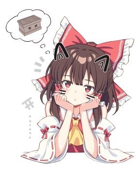 1girl absurdres ascot bow box brown_hair chinese_commentary commentary_request detached_sleeves donation_box drawn_ears drawn_whiskers frilled_bow frilled_hair_tubes frills hair_bow hair_tubes hakurei_reimu highres long_hair red_bow red_eyes ribbon-trimmed_sleeves ribbon_trim setteiset solo speech_bubble thought_bubble touhou yellow_ascot