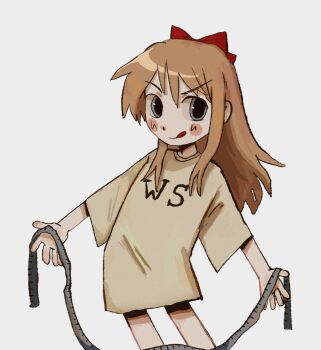 1girl blue_eyes blush_stickers bow brown_hair commentary english_commentary fffkorobka grey_background holding_tape_measure licking_lips long_hair looking_at_viewer red_bow shirt short_sleeves simple_background solo t-shirt tape_measure tongue tongue_out toshinou_kyouko white_shirt yuruyuri