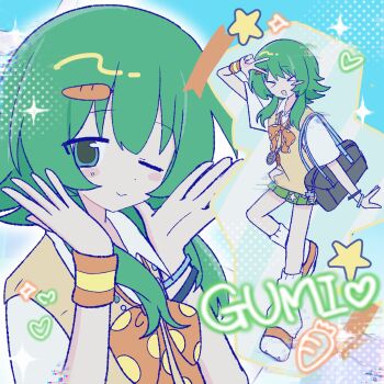 1girl arm_up bag blush bow bowtie bracelet carrot_hair_ornament character_name collared_shirt food-themed_hair_ornament green_eyes green_hair green_skirt gumi hair_between_eyes hair_ornament hands_framing_own_cheeks hashtag-only_commentary heart heisei_retro highres i_can't_wait_(synthesizer_v) jewelry loose_socks necklace one_eye_closed orange_bow orange_bowtie orange_shoes pleated_skirt polka_dot polka_dot_bow projected_inset shirt shoes short_hair_with_long_locks short_sleeves shoulder_bag skirt smile sneakers socks solo star_(symbol) star_print tamagotchi tamagotchi_(classic) v vest vocaloid white_shirt white_socks wristband yellow_vest yukino_(yuki_08no)