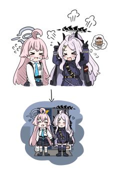 >_< 2girls ahoge angry_boss_with_happy_family_irasutoyas_(meme) blue_archive commentary e_v_e_neko gloves halo highres hina_(blue_archive) horns hoshino_(blue_archive) long_hair meme multiple_girls necktie pink_hair skirt