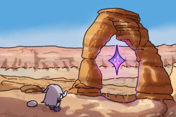 arch bing_huyue blue_sky canyon chibi delicate_arch gem hair_flaps hand_jewel highres hololive hololive_english koseki_bijou long_hair pebble_(koseki_bijou) purple_gemstone purple_hair purple_shoes real_world_location shoes sky united_states utah virtual_youtuber