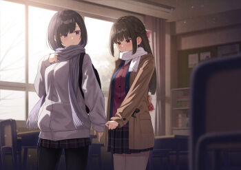Rule 34 | 2girls, arm behind back, backpack, bag, bare tree, black hair, black pantyhose, black skirt, blunt bangs, blurry, blurry background, blurry foreground, blush, book, bow, box, braid, brown hair, brown jacket, cardigan, chair, classroom, closed mouth, clothes grab, commentary request, cowboy shot, day, desk, fingernails, grabbing another's sleeve, grey scarf, hair bow, half up braid, hand up, heart-shaped box, highres, holding, holding box, indoors, jacket, light particles, long hair, long sleeves, looking at another, looking back, looking down, miniskirt, multiple girls, nuenue, open clothes, open jacket, original, pantyhose, parted lips, pink bow, plaid clothes, plaid skirt, purple eyes, raised eyebrows, red cardigan, scarf, school chair, school desk, school uniform, short hair, skirt, sleeves past wrists, standing, tree, valentine, white jacket, white scarf, window, yuri