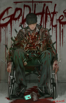 1boy black_hair black_shoes bleeding blood blood_on_clothes blood_on_face blood_on_ground blood_on_hands blood_on_wall blue_pants brown_jacket camera collared_shirt ctkcave english_text hair_slicked_back injury jacket knife looking_at_viewer male_focus miles_upshur multiple_weapons outlast pants scissors shirt shoes short_hair sitting solo wheelchair white_shirt yellow_eyes